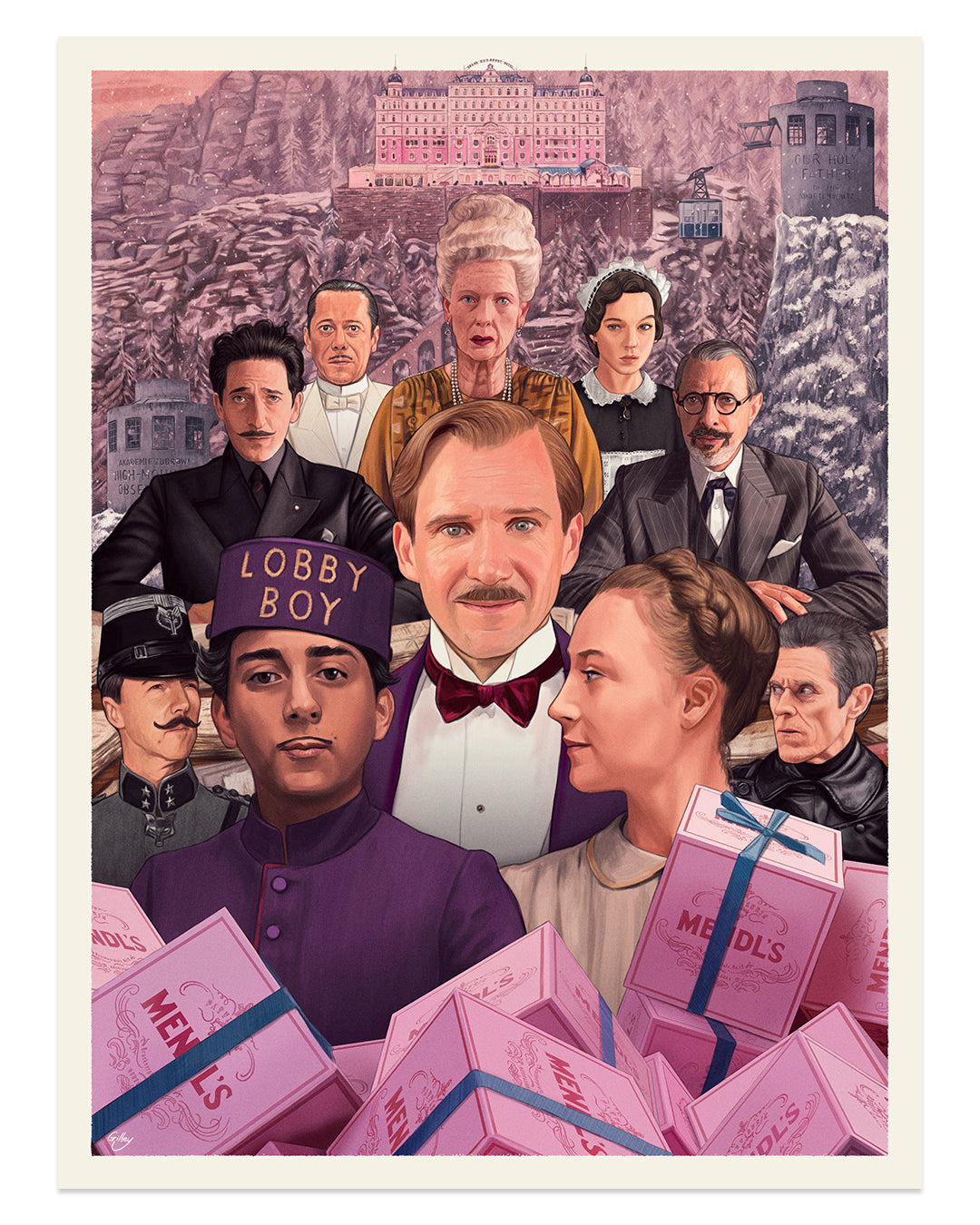 A stylized movie collage by Sam Gilbey honors Wes Anderson Tribute Art with characters in period costumes and a grand hotel backdrop, showing a suited man, a young Lobby Boy, and pink pastry boxes against snowy mountains on archival pigment print.