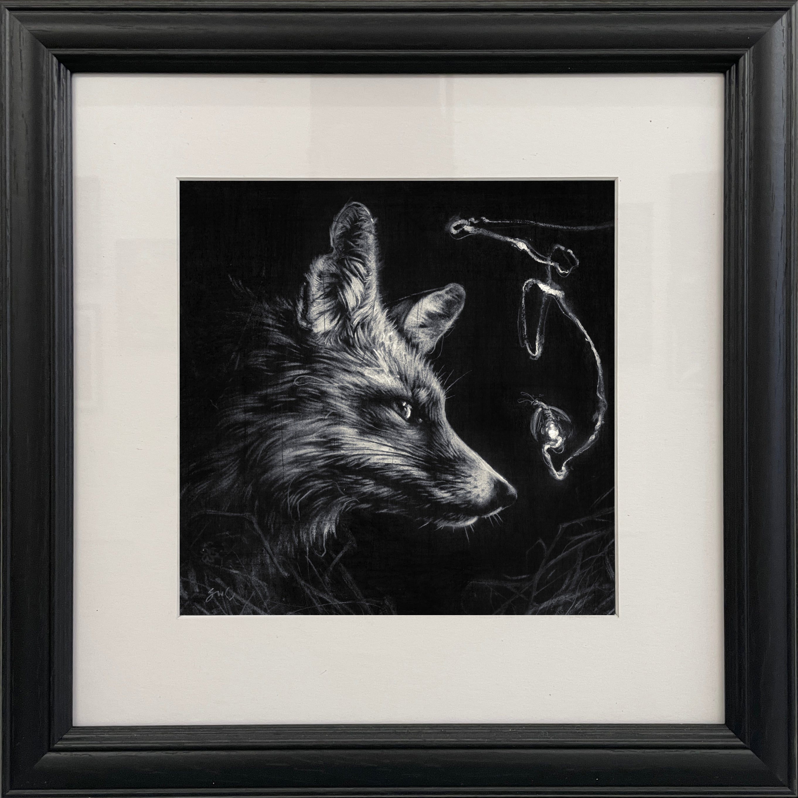 Silent Beacon" is a framed black and white fox profile illustration, with smoke swirling above its nose, capturing Spoke Art’s distinctive style—a striking piece for any collection.