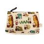 A zippered pouch by Spoke Art featuring Artist Scott C.s Hug Machine-inspired repeating cartoon pattern of children, a large brown bear, animals, and green mailboxes on a cream background.