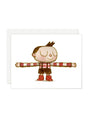 A cartoon child inspired by Scott C. for Spoke Art, with short dark hair, a red and white striped shirt, brown shorts, and red boots stands arms outstretched like a hug machine, eyes closed and smiling contentedly.