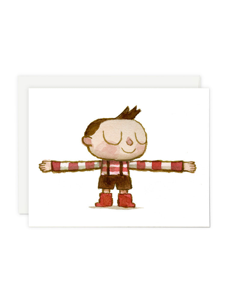 A cartoon child inspired by Scott C. for Spoke Art, with short dark hair, a red and white striped shirt, brown shorts, and red boots stands arms outstretched like a hug machine, eyes closed and smiling contentedly.