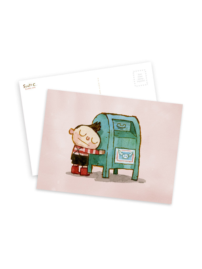 A Spoke Art postcard by Scott C shows a smiling child hugging a green mailbox (the Hug Machine) with an envelope, while another postcard peeks out behind—all on a light pink background.
