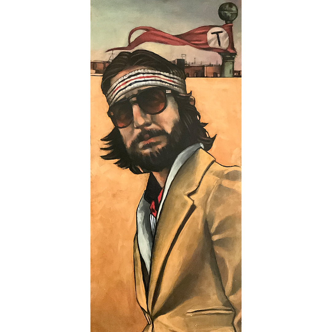 This Sean Gillespie illustration, reminiscent of vintage cinematic posters, features a man in a tan suit and sunglasses with a striped headband. Against a desert backdrop with a water tower and flag, it exudes the quirky charm of The Royal Tenenbaums.