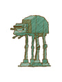 Cartoon drawing of a green Star Wars AT-AT walker with a smiling face and playful expression, outlined in brown with a hand-drawn sketchy style on white, inspired by Scott C.; from Spoke Art.
