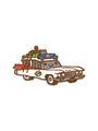 Spoke Arts cartoon-style embroidered patch features a white classic Ghost Gathering Car with red fins, blue lights, roof gear, and the Ghostbusters logo on the door, inspired by Ecto-1 in Scott C.s playful design.
