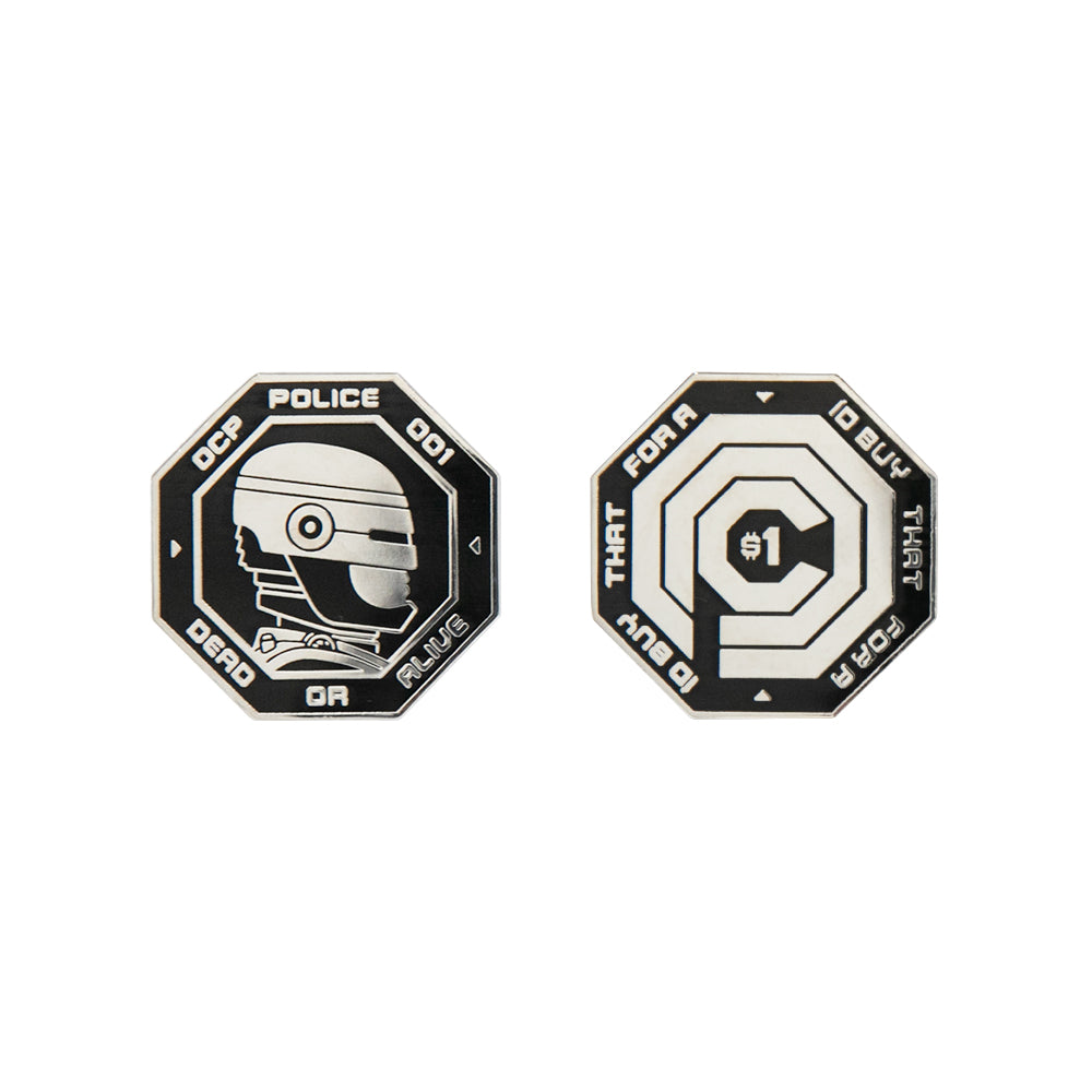 A pair of octagonal metal tokens by Bruce Yan: one side displays a robotic police head with “OCP POLICE 001, DEAD OR ALIVE”; the other shows a target, “$1” at center, and “I’D BUY THAT FOR A DOLLAR.”.