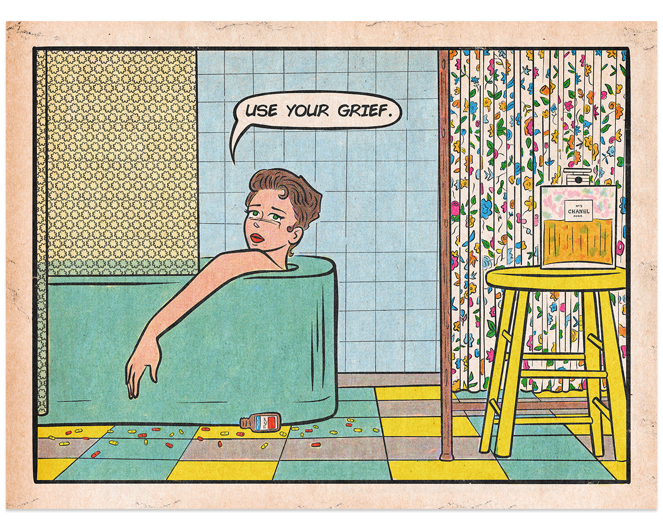 A comic-style print from This Is Fun, Isnt It features a person in a bathtub saying, Use your grief. Nearby is a stool with cereal and pills on the floor. The bathroom has floral curtains and yellow walls. This piece is an open edition archival pigment print from the Wes Anderson Tribute Art Show.
