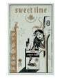 The Sweet Lime risograph print by Derek Ballard tributes Wes Anderson with a woman at a vending machine, featuring Tamil and English texts hinting at cigarettes. It showcases muted browns and greens alongside a bull and smoking imagery for an authentic retro vibe.