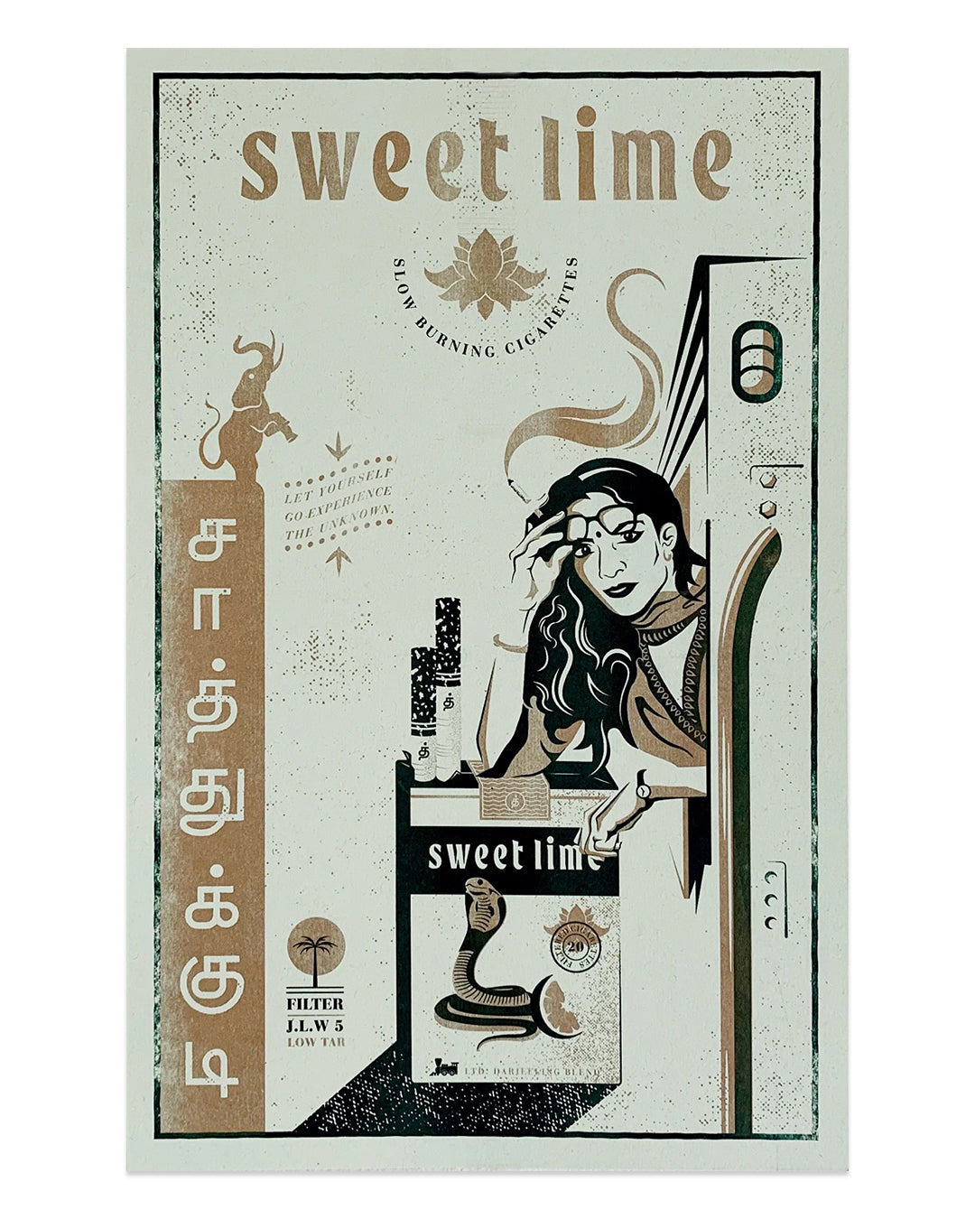 The Sweet Lime risograph print by Derek Ballard tributes Wes Anderson with a woman at a vending machine, featuring Tamil and English texts hinting at cigarettes. It showcases muted browns and greens alongside a bull and smoking imagery for an authentic retro vibe.