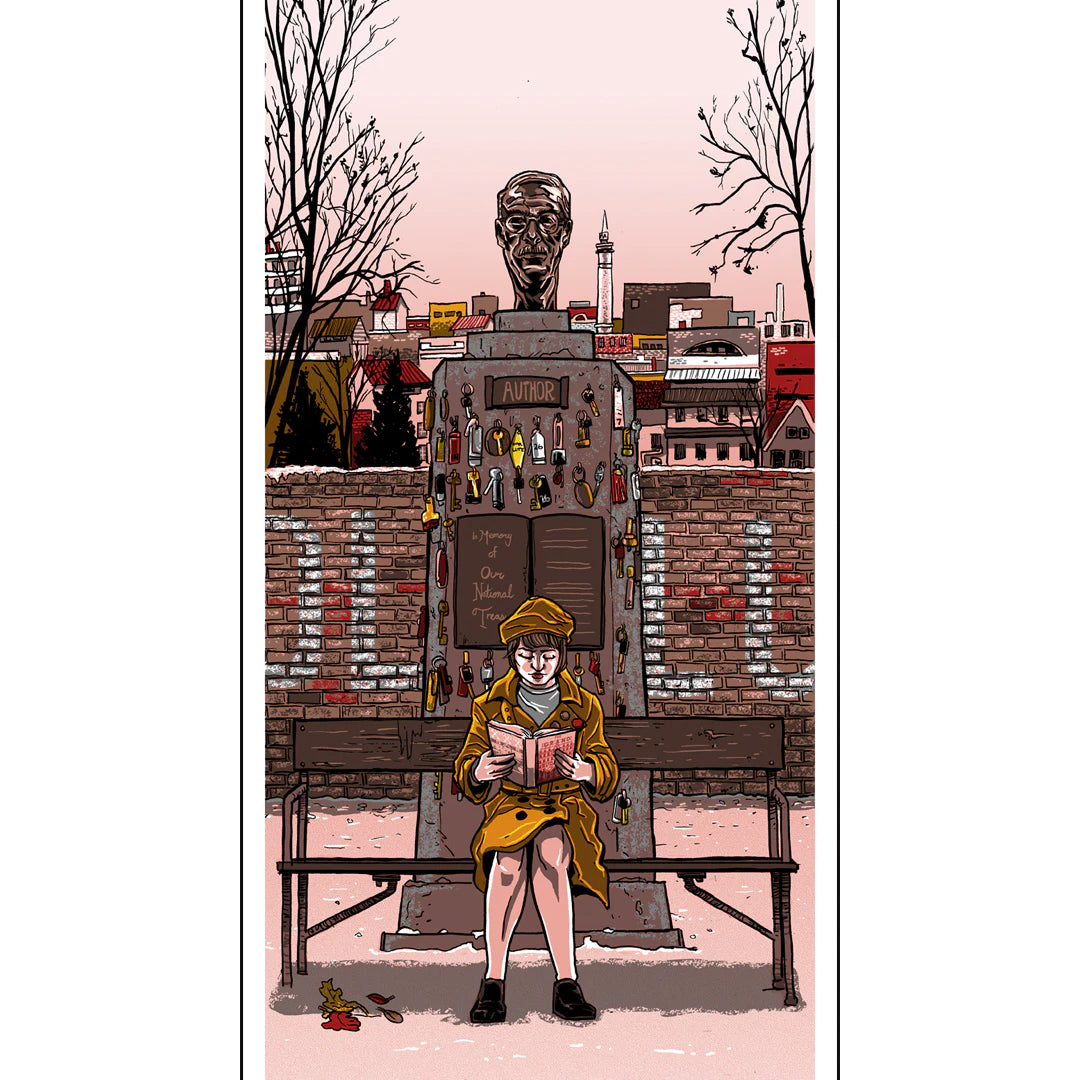 Tim Doyles vibrant screen print depicts a person in a yellow coat and hat reading on a bench. Behind them, a statue bust on a pedestal is decorated with eclectic objects, all set against trees and buildings under a stylized sunset sky. It is part of his signed open edition series.