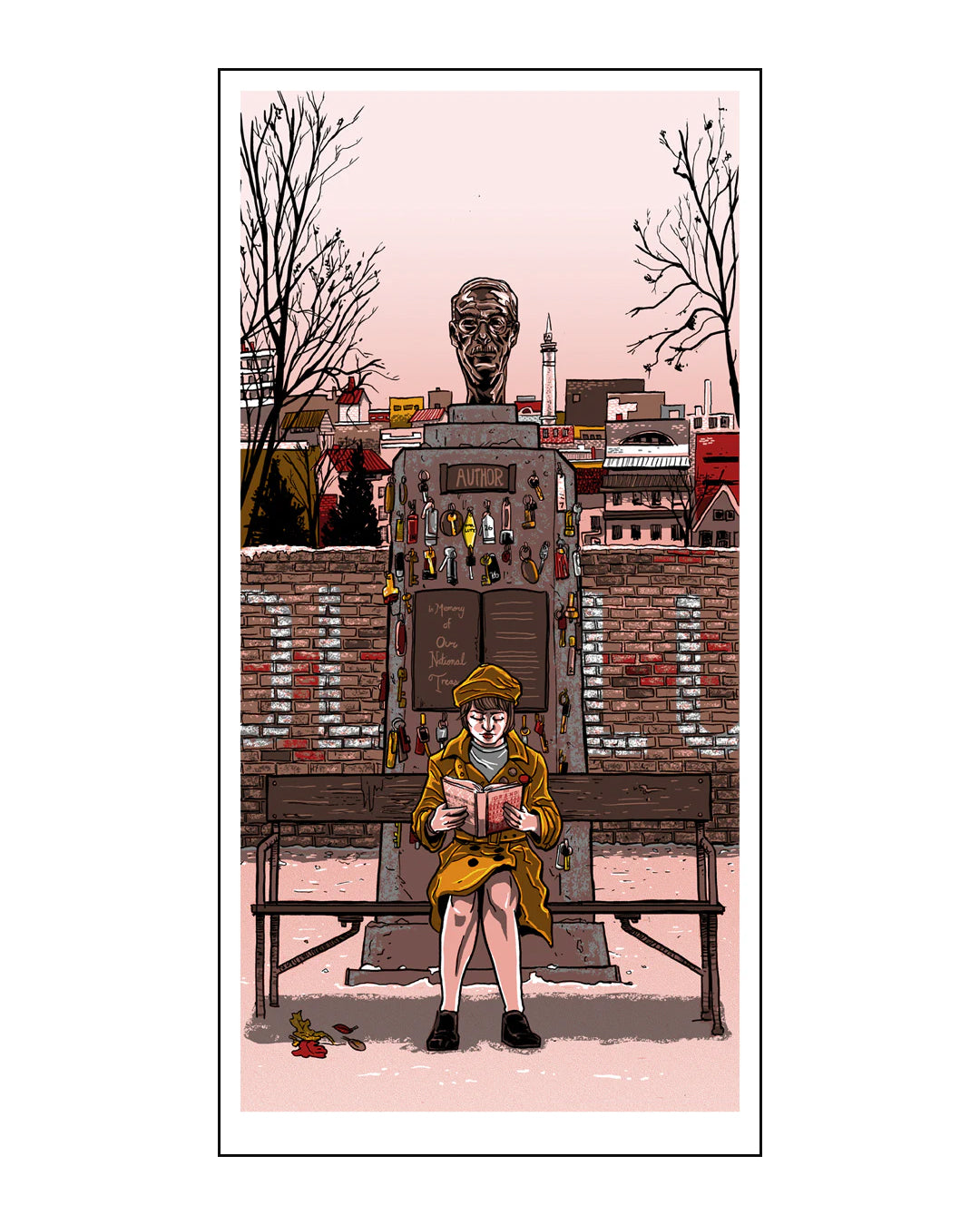 Tim Doyles vibrant screen print depicts a person in a yellow coat and hat reading on a bench. Behind them, a statue bust on a pedestal is decorated with eclectic objects, all set against trees and buildings under a stylized sunset sky. It is part of his signed open edition series.