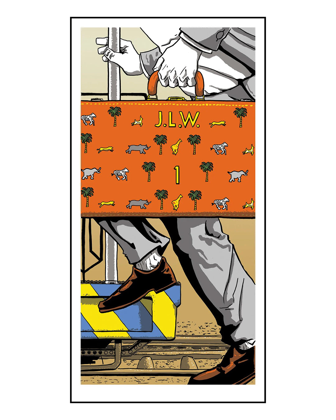 Screen print inspired by Tim Doyle: hands and legs of a suited figure boarding a ”J.L.W. 1” briefcase train, illustrated with animal and palm tree icons.