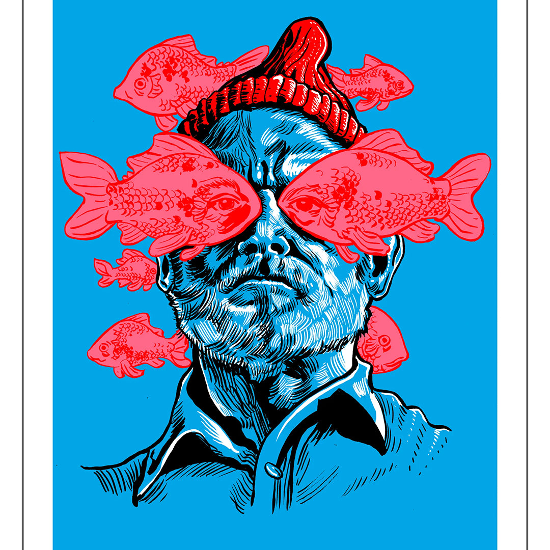 This open edition illustration from Tim Doyle features a person wearing a red beanie and blue clothing with pink fish swimming across their face against a vivid blue background, showcasing the vibrant aesthetic of screen print.