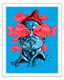 This open edition illustration from Tim Doyle features a person wearing a red beanie and blue clothing with pink fish swimming across their face against a vivid blue background, showcasing the vibrant aesthetic of screen print.