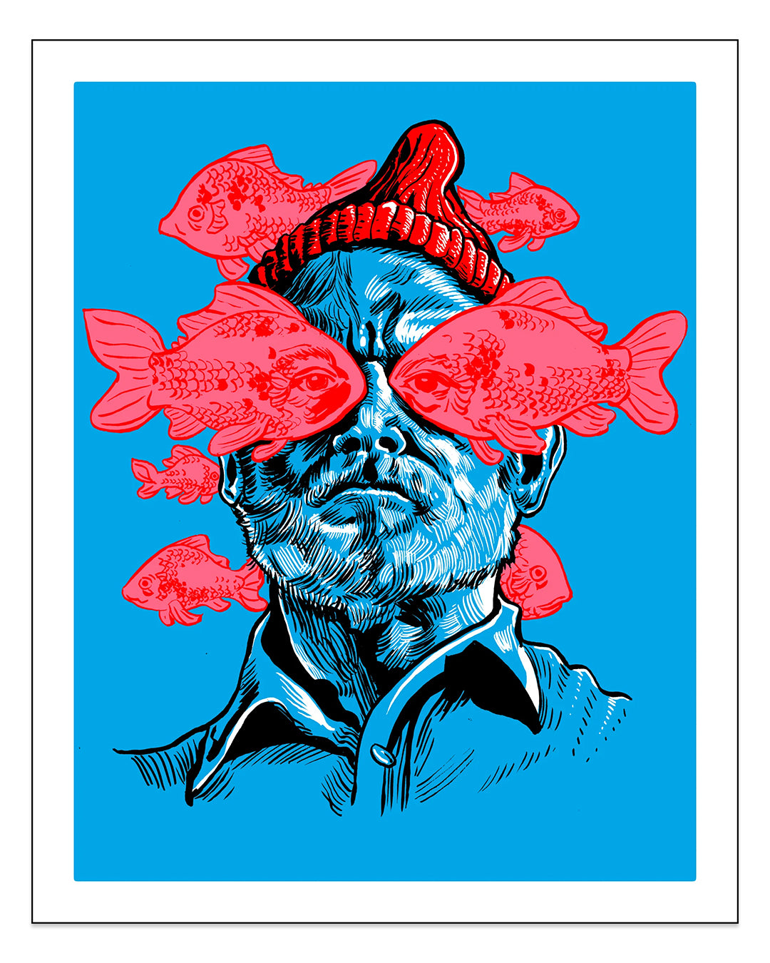 This open edition illustration from Tim Doyle features a person wearing a red beanie and blue clothing with pink fish swimming across their face against a vivid blue background, showcasing the vibrant aesthetic of screen print.