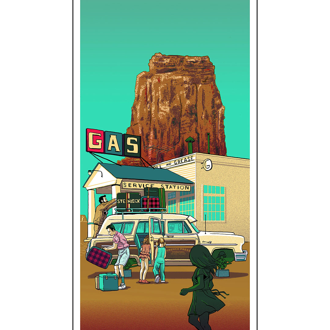 This Tim Doyle-style illustration features a retro gas station with towering rock formations, as people unload suitcases from a classic station wagon under an aqua sky. It captures a vintage vibe, ideal for collectors who love that signed edition feel.