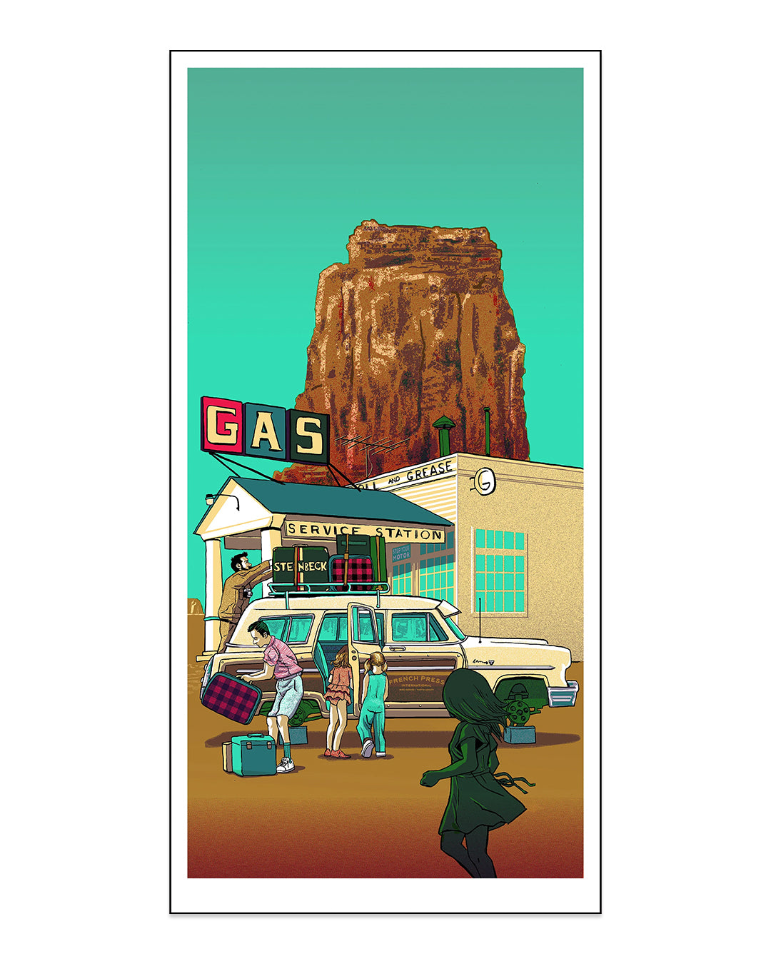 This Tim Doyle-style illustration features a retro gas station with towering rock formations, as people unload suitcases from a classic station wagon under an aqua sky. It captures a vintage vibe, ideal for collectors who love that signed edition feel.