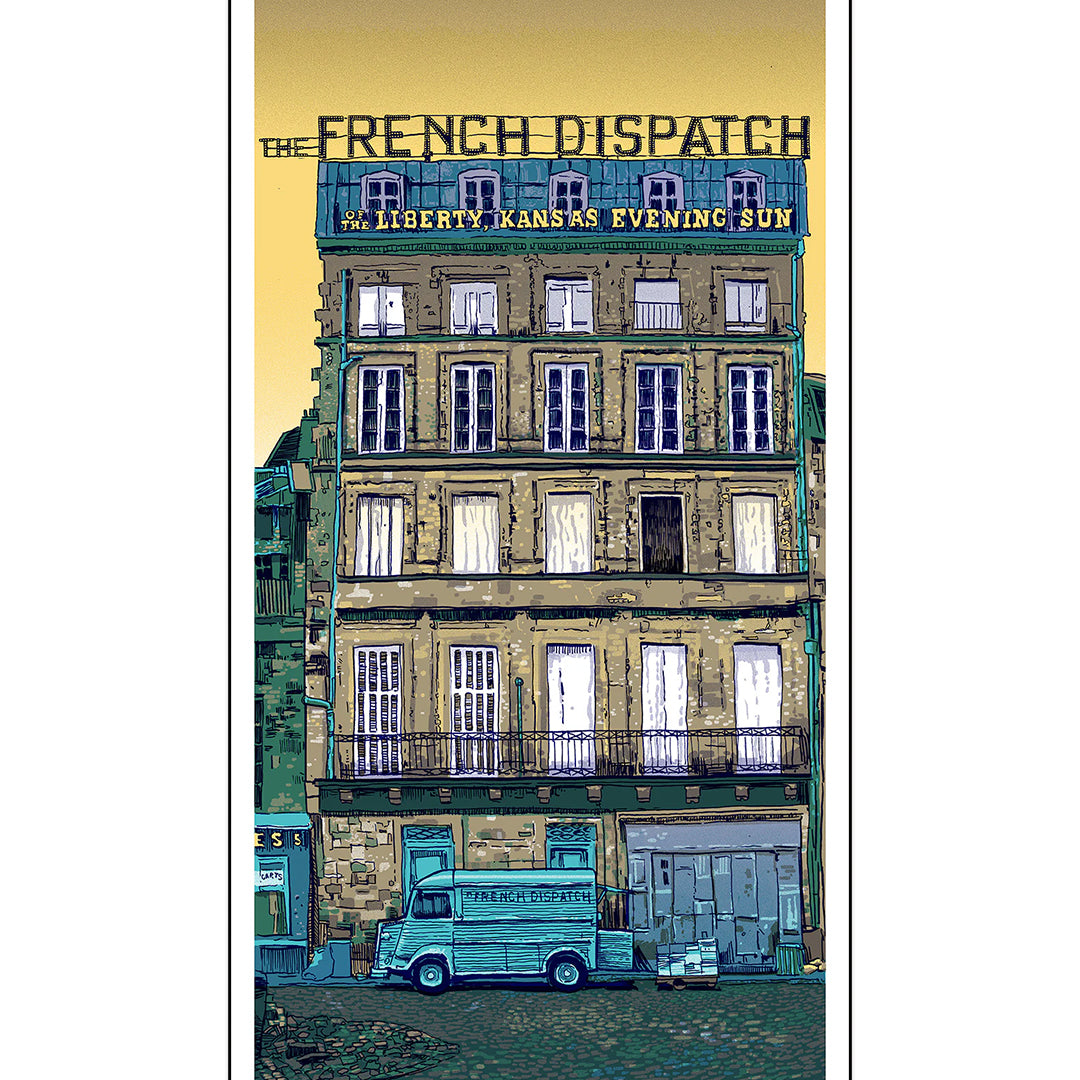 Tim Doyles signed open edition screen print depicts a vintage building with The French Dispatch on the roof and Liberty, Kansas Evening Sun on the facade. A retro vehicle sits in front, all set in a charming urban street showcasing Doyles signature style.
