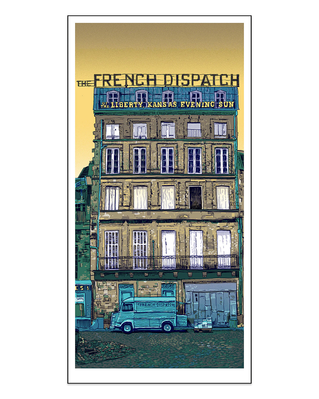 Tim Doyles signed open edition screen print depicts a vintage building with The French Dispatch on the roof and Liberty, Kansas Evening Sun on the facade. A retro vehicle sits in front, all set in a charming urban street showcasing Doyles signature style.