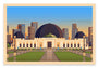 George Townleys archival pigment print portrays the Griffith Observatory at sunset, featuring a vast central dome bordered by smaller ones. The grand entrance with steps opens to a city skyline of modern skyscrapers under a vibrant sky, created for an LA Wildfire Fundraiser.