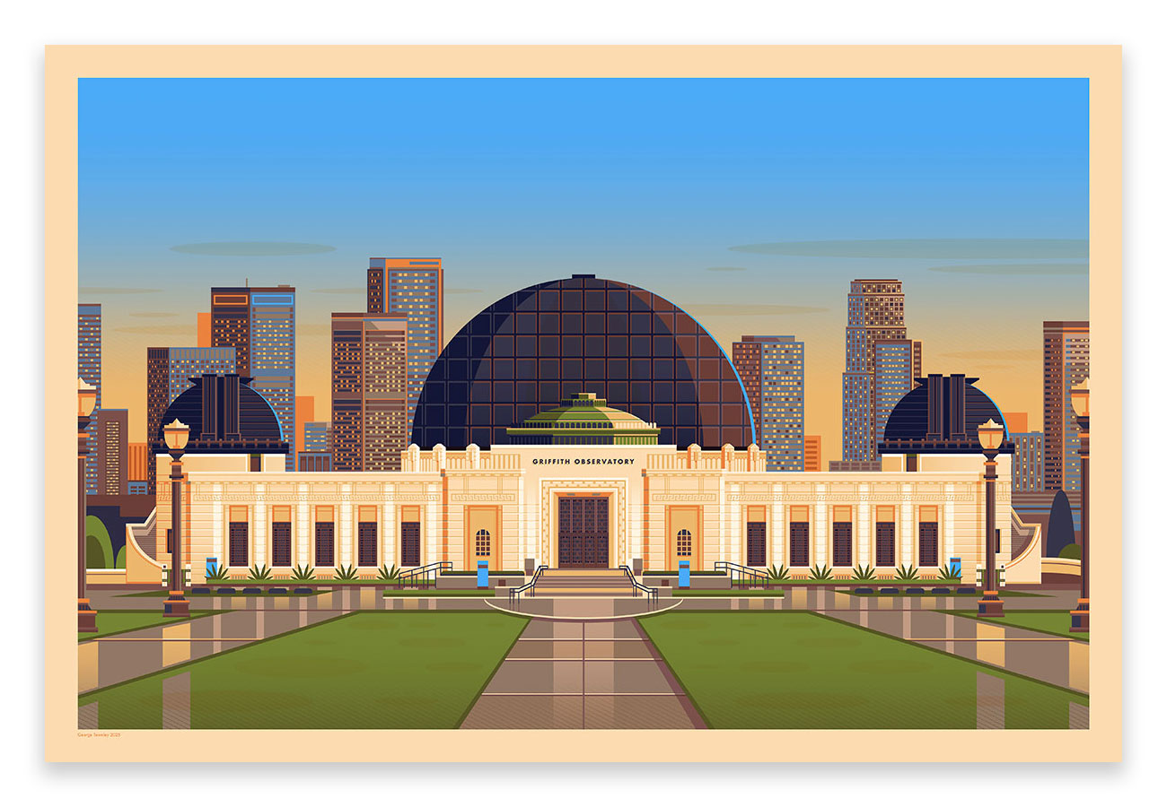 George Townleys archival pigment print portrays the Griffith Observatory at sunset, featuring a vast central dome bordered by smaller ones. The grand entrance with steps opens to a city skyline of modern skyscrapers under a vibrant sky, created for an LA Wildfire Fundraiser.