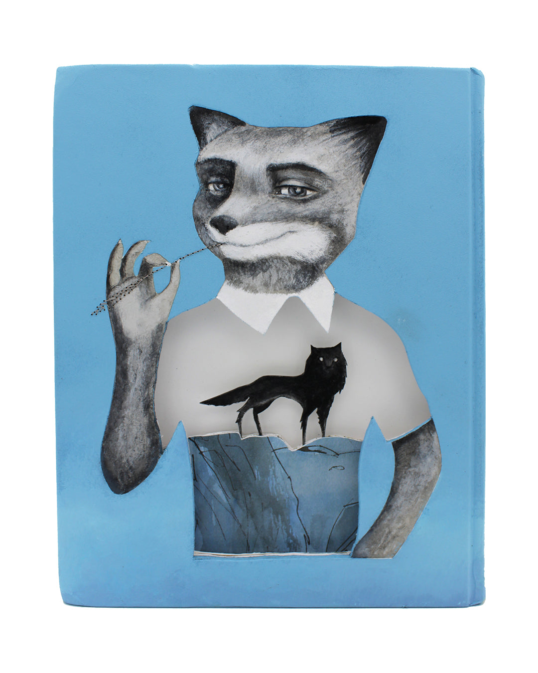 This Valerie Savarie illustration, inspired by *Fantastic Mr. Fox*, depicts an anthropomorphic fox with an open shirt cradling a small black fox. On a light blue background, its rendered in acryla gouache as the fox holds a delicate chain and wears a partial smile.