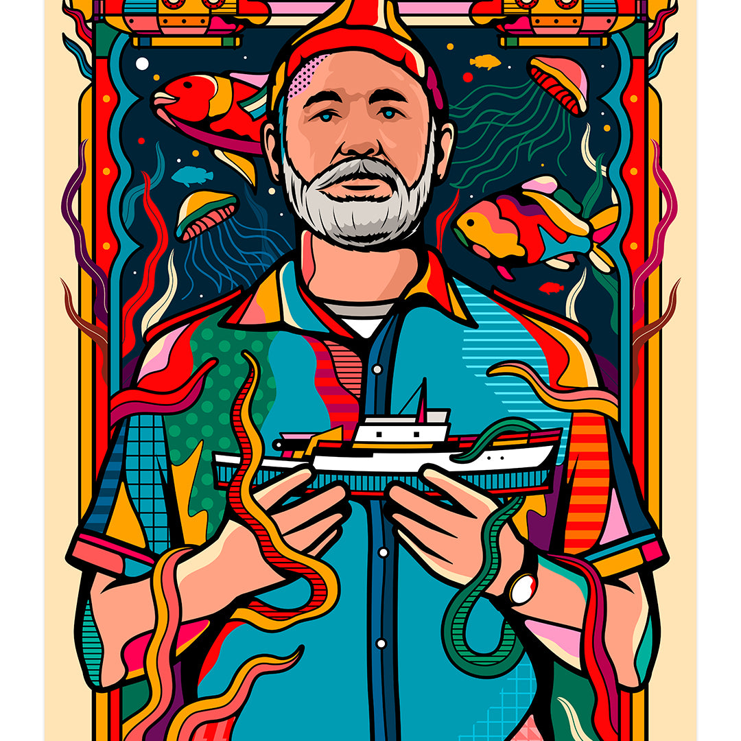 This Wes Anderson tribute by Van Orton Design features a bearded man in a colorful shirt holding a ship model, surrounded by sea creatures, submarines, and vibrant patterns on a stylized background with fish and marine elements.