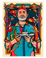 This Wes Anderson tribute by Van Orton Design features a bearded man in a colorful shirt holding a ship model, surrounded by sea creatures, submarines, and vibrant patterns on a stylized background with fish and marine elements.