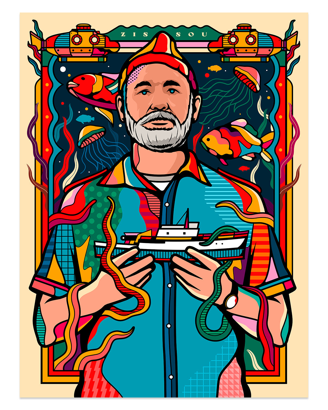 This Wes Anderson tribute by Van Orton Design features a bearded man in a colorful shirt holding a ship model, surrounded by sea creatures, submarines, and vibrant patterns on a stylized background with fish and marine elements.