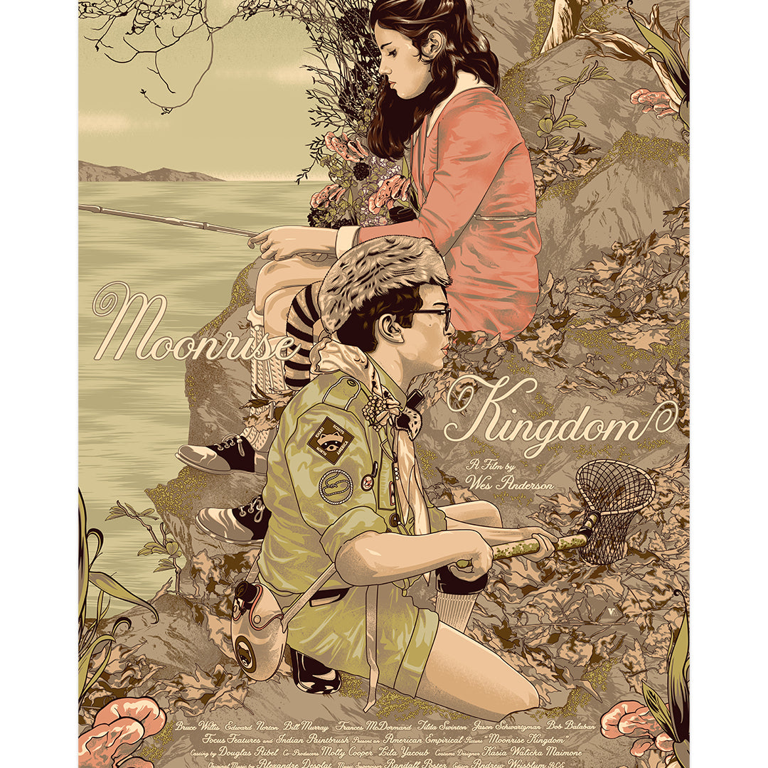 Vincent Aseos illustrated poster depicts a girl in a pink dress and a boy in a scout uniform on a rocky seaside cliff, framed by floral elements. Titled Moonrise Kingdom, the archival pigment print captures this nostalgic scene with the boys hat beside him.