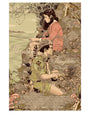 Vincent Aseos illustrated poster depicts a girl in a pink dress and a boy in a scout uniform on a rocky seaside cliff, framed by floral elements. Titled Moonrise Kingdom, the archival pigment print captures this nostalgic scene with the boys hat beside him.