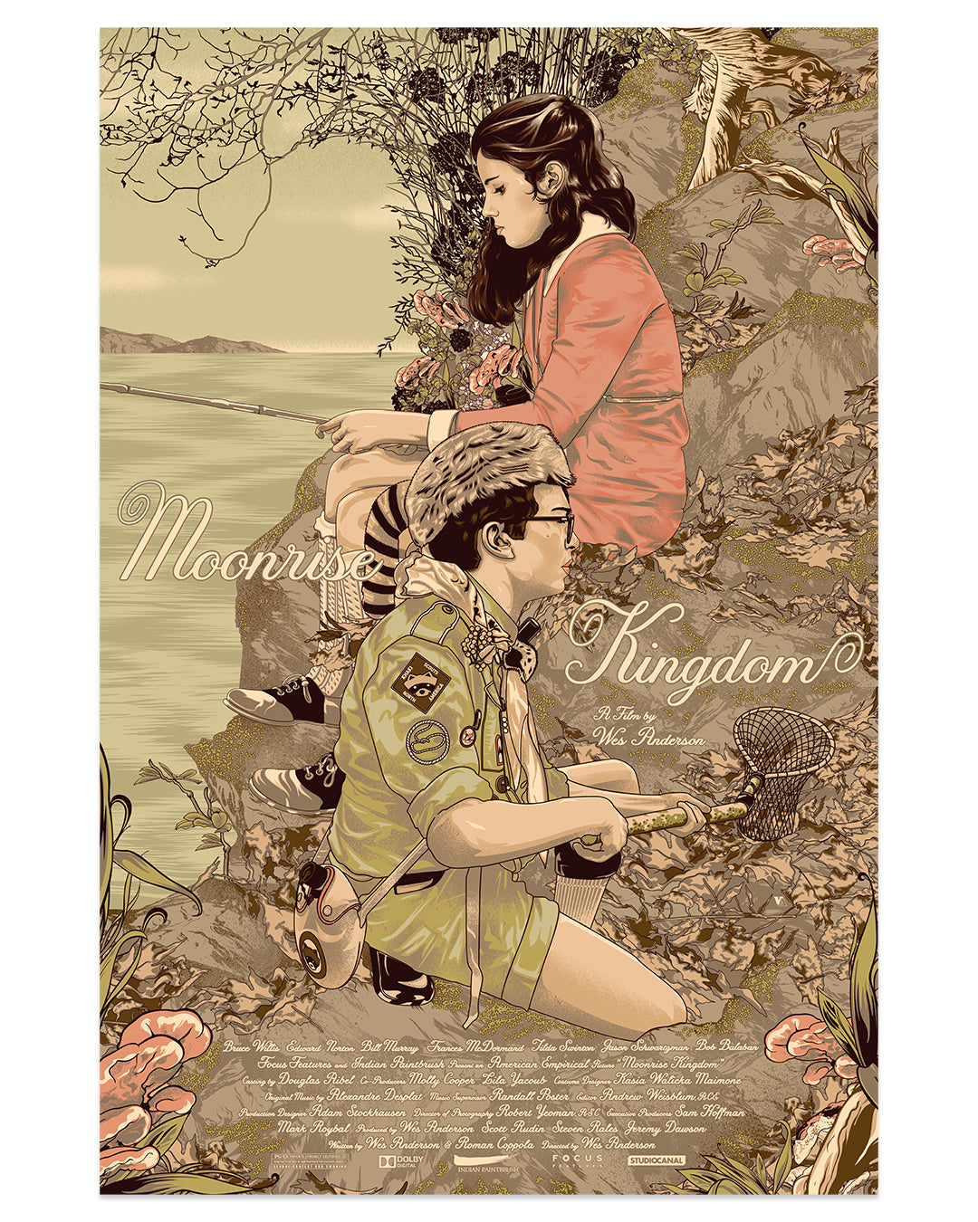 Vincent Aseos illustrated poster depicts a girl in a pink dress and a boy in a scout uniform on a rocky seaside cliff, framed by floral elements. Titled Moonrise Kingdom, the archival pigment print captures this nostalgic scene with the boys hat beside him.