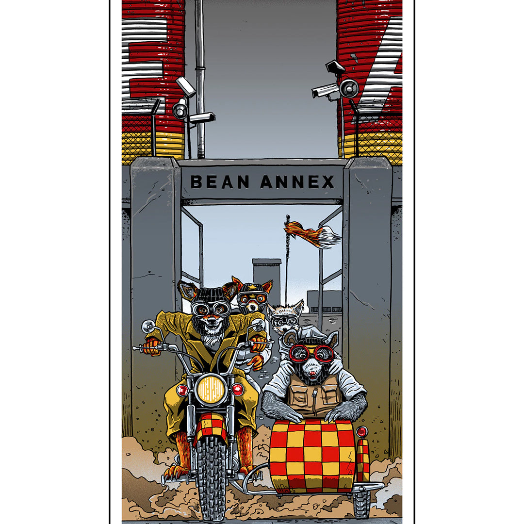 In this vibrant Tim Doyle style screen print, three raccoons ride a motorcycle with a sidecar through Bean Annex gates. With goggles and scarves flying, they speed past a rooster above. This open edition captures whimsical adventure perfectly.
