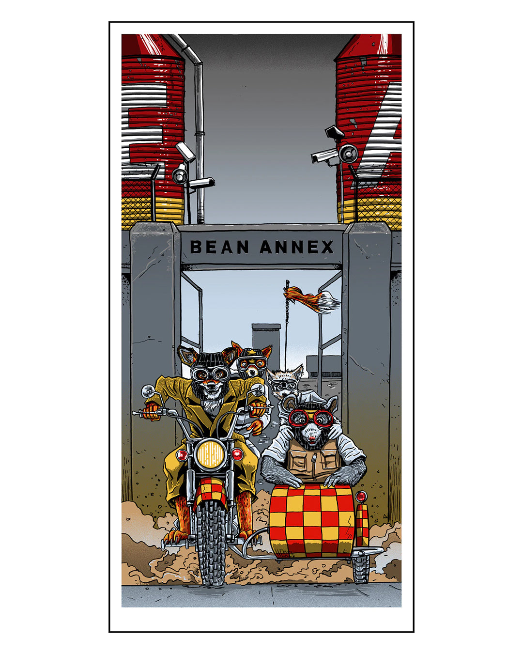 In this vibrant Tim Doyle style screen print, three raccoons ride a motorcycle with a sidecar through Bean Annex gates. With goggles and scarves flying, they speed past a rooster above. This open edition captures whimsical adventure perfectly.