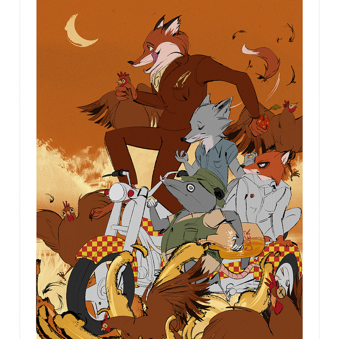 Zi Xus vibrant archival pigment print captures a scene like Fantastic Mr. Fox, where anthropomorphic animals ride a motorcycle under an orange sky. A fox steers, with a wolf and badger in the sidecar, surrounded by chickens and swirling feathers beneath a crescent moon.