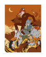 Zi Xus vibrant archival pigment print captures a scene like Fantastic Mr. Fox, where anthropomorphic animals ride a motorcycle under an orange sky. A fox steers, with a wolf and badger in the sidecar, surrounded by chickens and swirling feathers beneath a crescent moon.