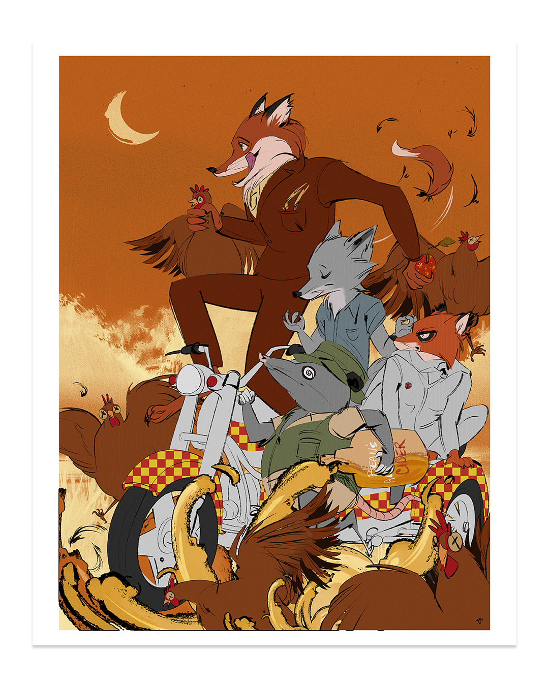Zi Xus vibrant archival pigment print captures a scene like Fantastic Mr. Fox, where anthropomorphic animals ride a motorcycle under an orange sky. A fox steers, with a wolf and badger in the sidecar, surrounded by chickens and swirling feathers beneath a crescent moon.