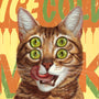 In a surreal acrylic painting by Casey Weldon, a brown tabby cat with two sets of green eyes licks its nose. Its painted on a wood panel featuring colorful text in the background, creating an unusual and playful atmosphere.