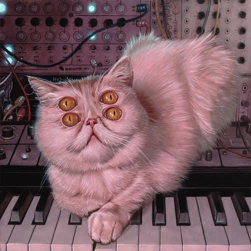 A fluffy cat with four eyes lounges on a keyboard in Casey Weldons acrylic painting. The intricate background of wires and synthesizer equipment creates a surreal, futuristic vibe, while the cats unusual eyes enhance the whimsical and imaginative atmosphere.