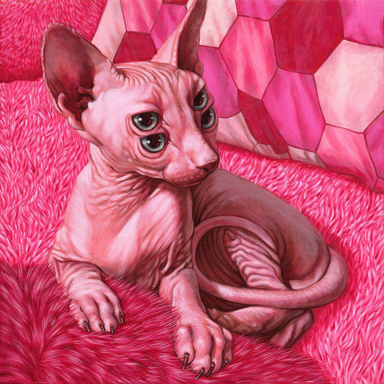 Casey Weldons surreal acrylic painting features a hairless cat with two sets of eyes on a fluffy, pink surface. The background includes cushions with pink hexagonal patterns, adding to the dreamy atmosphere on a smooth wood panel.