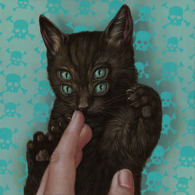 Casey Weldons surreal artwork portrays a dark-furred cat with four green eyes being playfully touched by a hand. The backdrop, resembling acrylic on wood, displays teal skulls and crossbones, creating a whimsical yet eerie vibe.