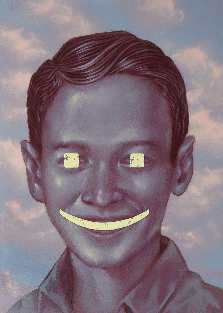 A surreal Casey Weldon-inspired portrait features a man with a wide smile, eyes as bright rectangular lights, painted in shades of purple acrylic on board, against a cloudy pink sky backdrop.