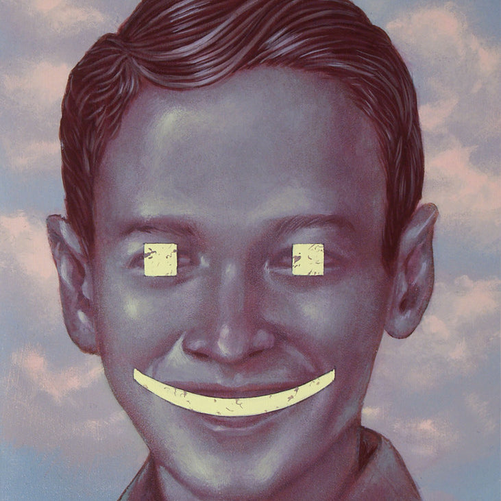 A surreal Casey Weldon-inspired portrait features a man with a wide smile, eyes as bright rectangular lights, painted in shades of purple acrylic on board, against a cloudy pink sky backdrop.