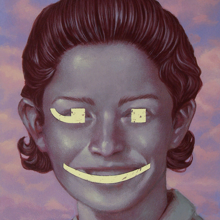 A surreal Casey Weldon acrylic painting depicts a person with a serene expression, styled-back hair, and features replaced by yellow shapes. The backdrop is a skillfully rendered soft, purple-pink sky with clouds.