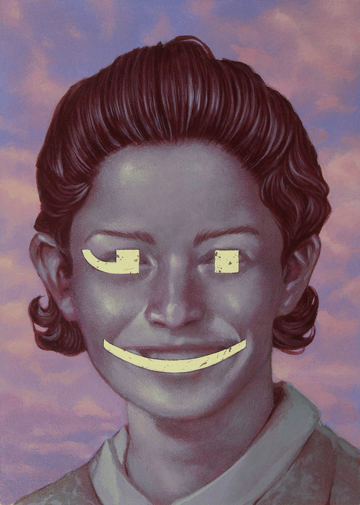 A surreal Casey Weldon acrylic painting depicts a person with a serene expression, styled-back hair, and features replaced by yellow shapes. The backdrop is a skillfully rendered soft, purple-pink sky with clouds.