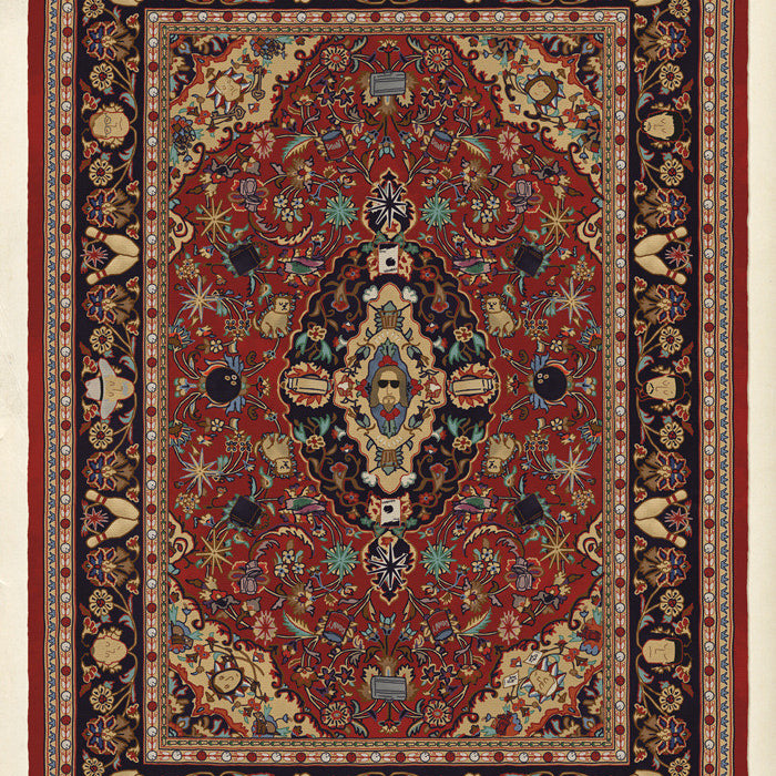 Max Daltons Persian rug showcases a complex design with geometric shapes, floral motifs, and animals on a rich red backdrop; it features black, cream, and blue accents. The hand-numbered rug has smaller detailed patterns adorning its border.