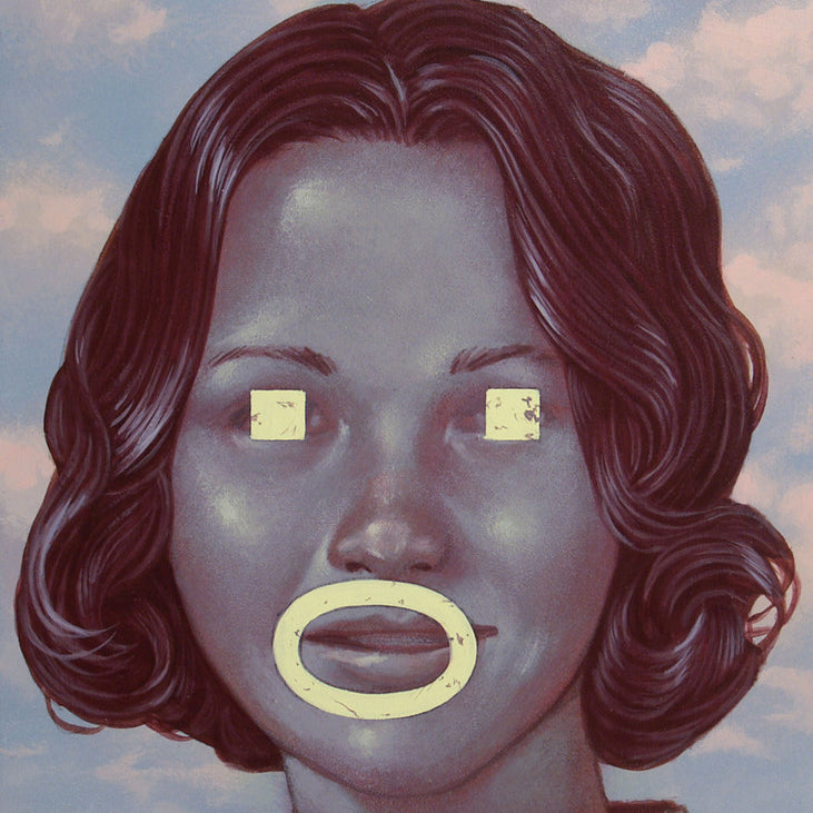 An acrylic on board surreal portrait of a woman features stylized facial details like blank rectangular eyes and a circular mouth against a cloudy sky, exuding a vintage feel reminiscent of Casey Weldons work at Spoke Art Gallery.