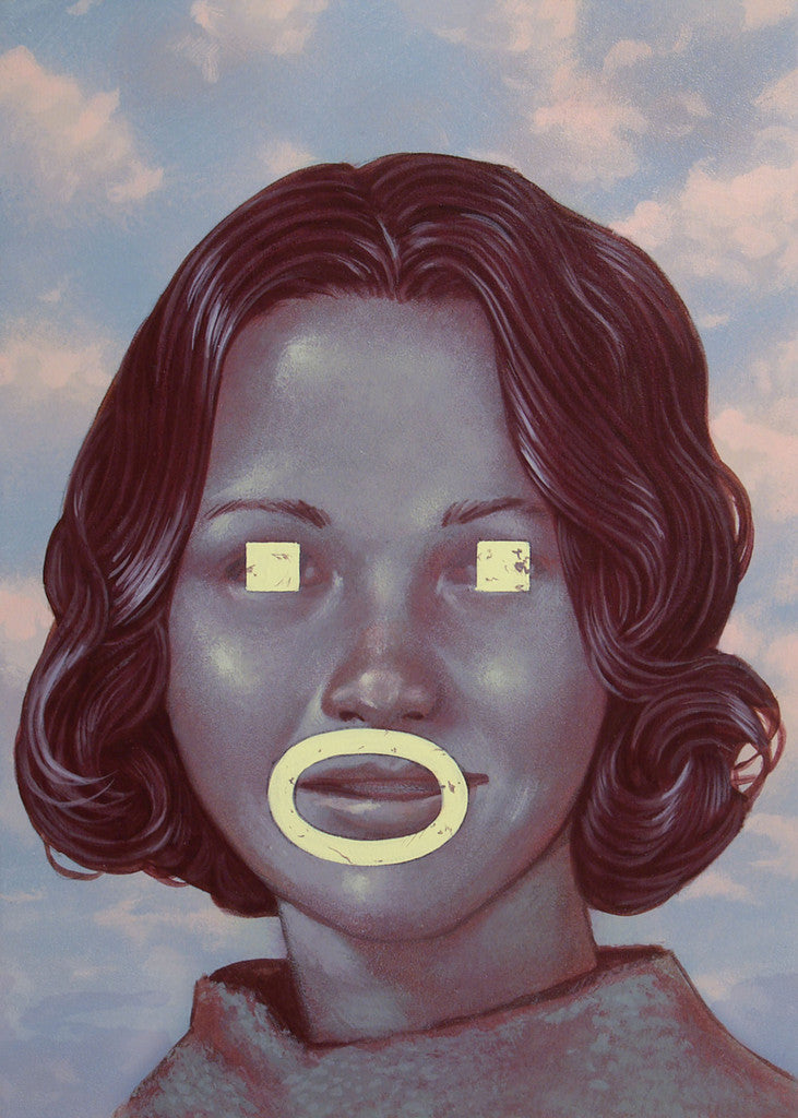 An acrylic on board surreal portrait of a woman features stylized facial details like blank rectangular eyes and a circular mouth against a cloudy sky, exuding a vintage feel reminiscent of Casey Weldons work at Spoke Art Gallery.