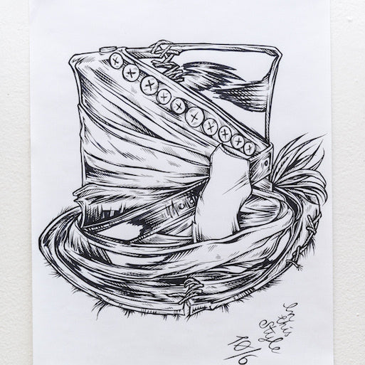 Rhys Coopers ink on paper illustration showcases a textured top hat with a ribbon, buttons, and a feather, marked 10/6 below. Signed In Hatter Style, this preliminary sketch is clipped to a white wall.