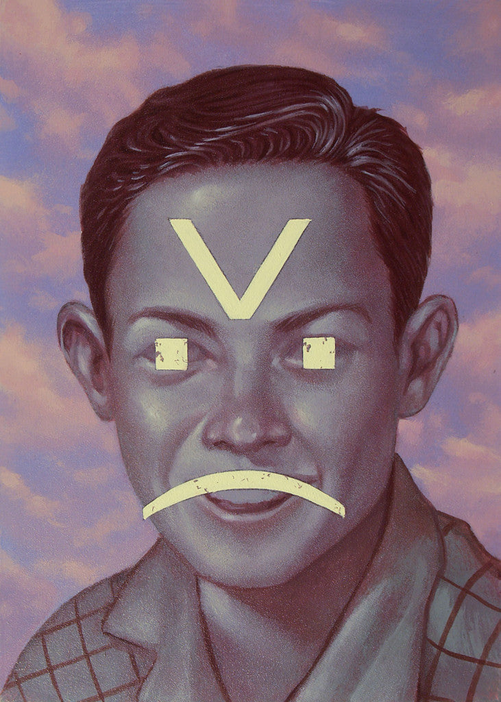 A surreal Casey Weldon painting at Spoke Art Gallery shows a grayscale man with a stylized face, a large V on his forehead, eyes obscured by squares, and a frown from a curved line amid pink and purple clouds. Medium: acrylic on board.